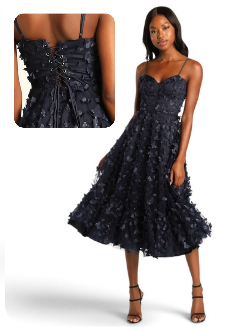 Lulus Time to Fly 3D Butterfly Lace-Up Midi Dress / Navy Blue / Medium / EUC
